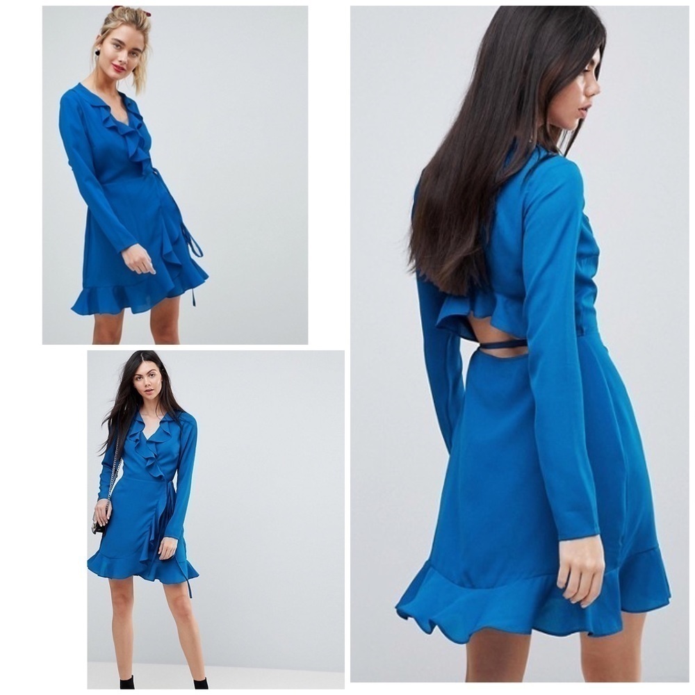 ASOS Blue Ruffle Wrap Mini Long Sleeves Dress 0​​​​​​​